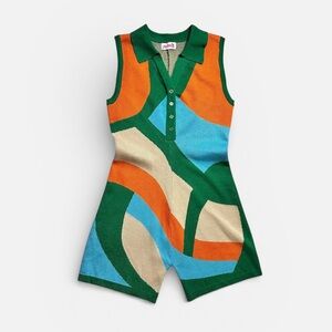 Knit Shorts Romper Y2K Multi Color Blocking Size S 70s VTG Vibe Retro Hippie Mod